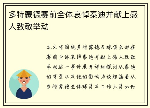 多特蒙德赛前全体哀悼泰迪并献上感人致敬举动
